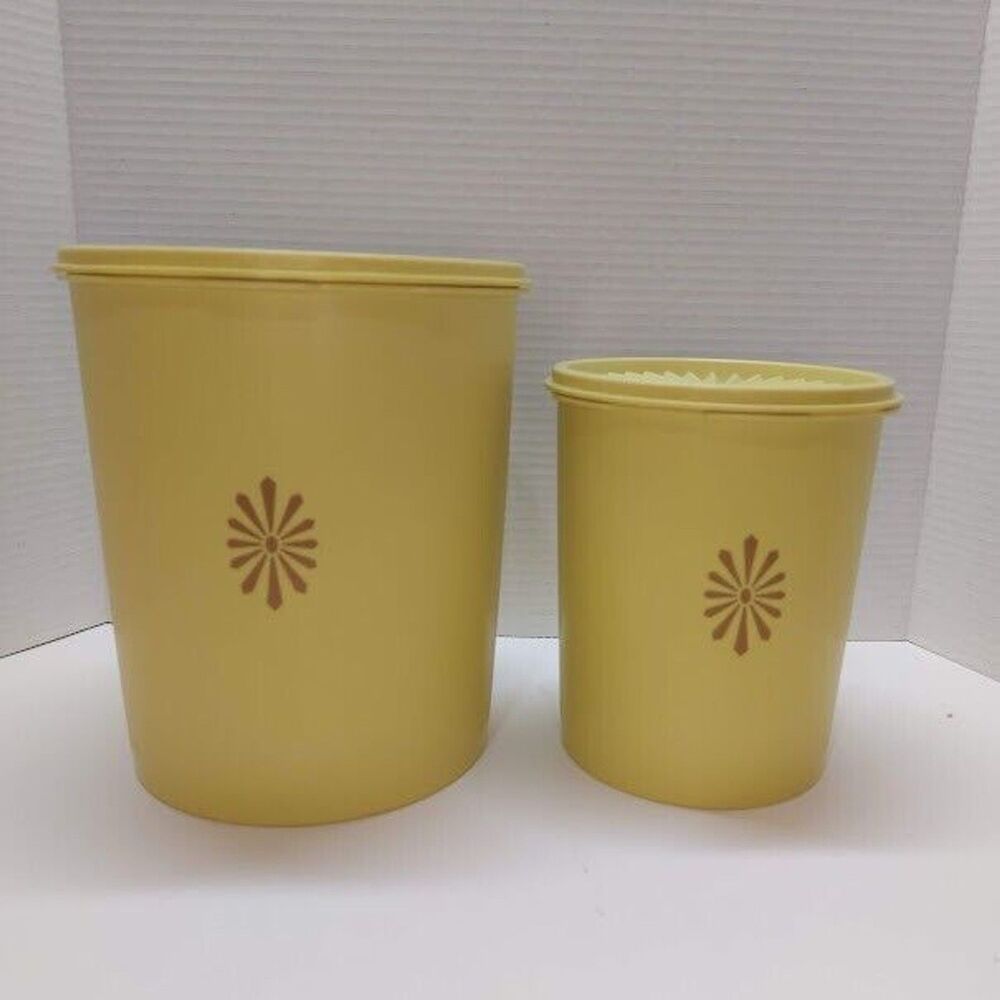 Vtg Tupperware Servalier Yellow Canister Set 805-3 809-6 Starburst Harvest Gold